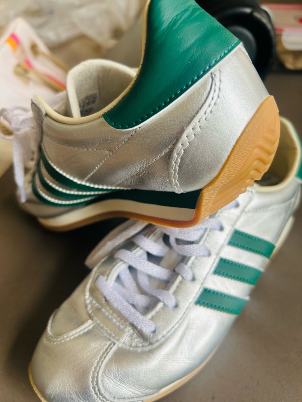 adidas Silver with Green Stripes Women’s Sneakers - Picture 4 of 8